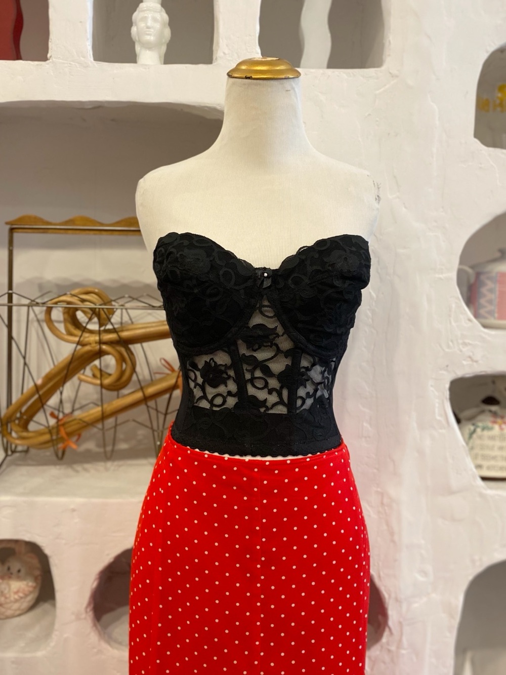 Vintage Black Lace Bustier Bra with Padded Cups and Hooks on Back